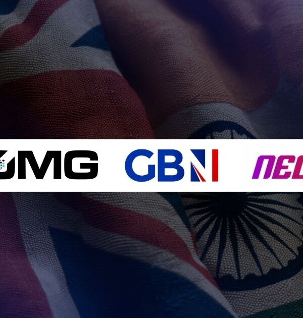 Brand logos banner: iKOMG, GBNI, neoTV+ on a white strip over a flag-themed background (UK/India).