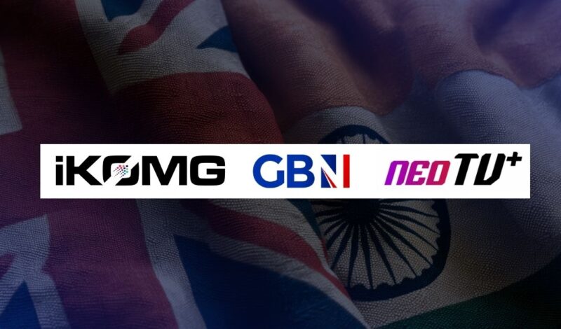 Brand logos banner: iKOMG, GBNI, neoTV+ on a white strip over a flag-themed background (UK/India).