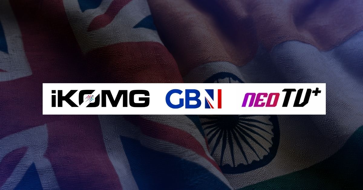 Brand logos banner: iKOMG, GBNI, neoTV+ on a white strip over a flag-themed background (UK/India).